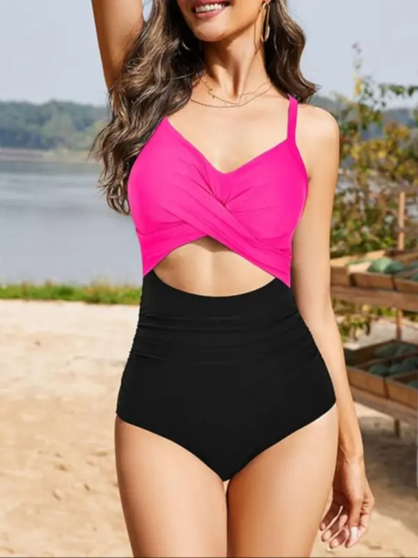 Women's Colorblock Print Criss Cross Cut Out Ruched One-Piece Cami Swimsuit, Casual Chic Sweetheart Neck Tie Back Sleeveless Swimwear, Ladies Summer Swimsuit for Beach Holiday Vacation 6