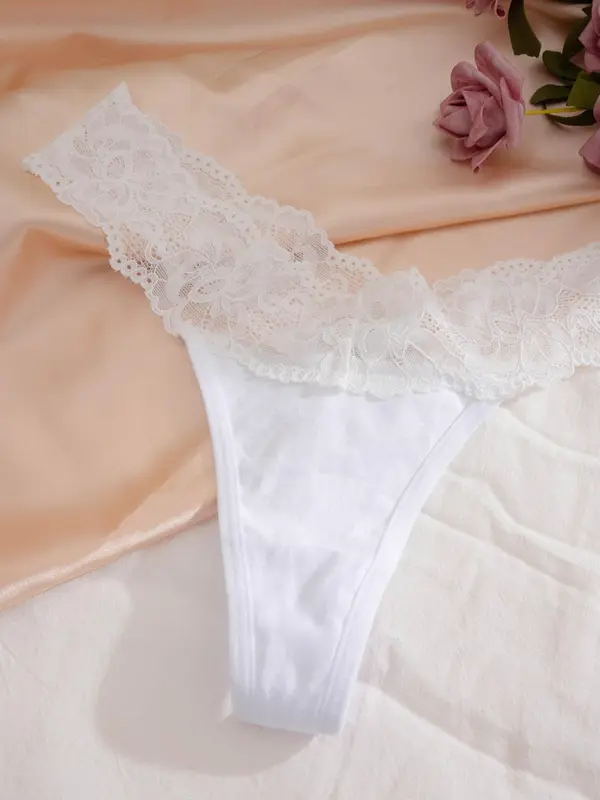 Women's 3pcs Plain Contrast Lace Drop Waist Panty, Soft Comfy Breathable Knicker for Daily Wear, Underwear for All Seasons 3