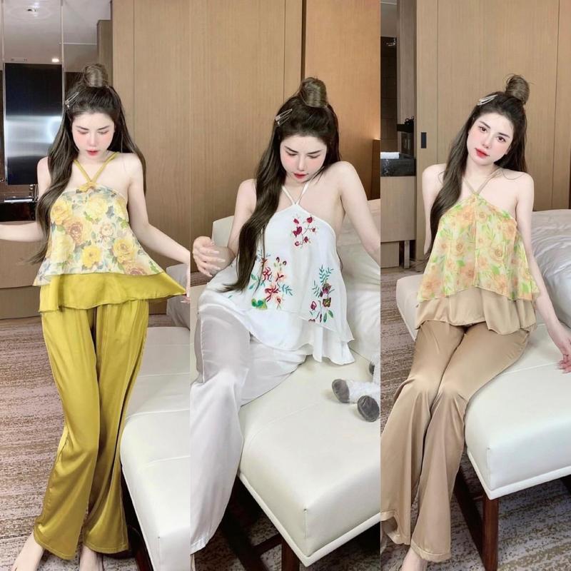 Sét đồ bộ ngủ hai dây quần dài kiểu dáng yếm cột nơ lưng chất lụa latin phối voan tơ mềm mịn mát nhiều màu cho bạn nữ (freesize 40-60kg) Áo Kem Trắng Voi Women