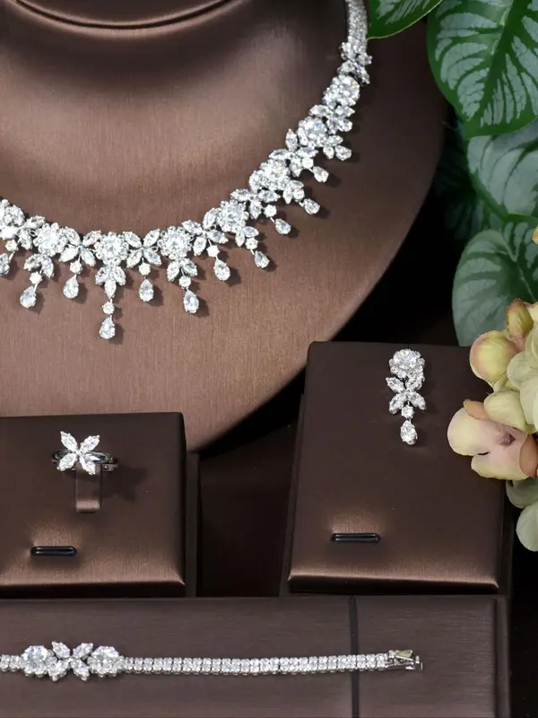 Women's Elegant Rhinestone Decorated Jewelry Set, Exquisite Trendy Necklace & Earrings & Bracelet & Ring, Chic Jewelry Set for Party & Wedding, Dainty Gift for Your Love 2