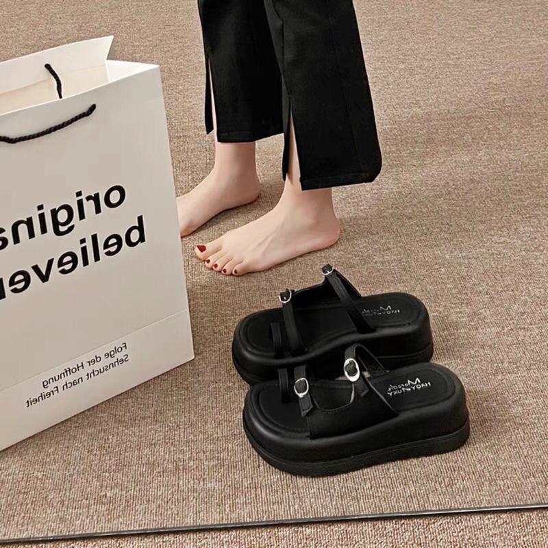 Dép nữ xỏ ngón đế bánh mì quai da khoá mảnh SUNDAY DéP Shoes GiàY Nhung Sandal Jean 2