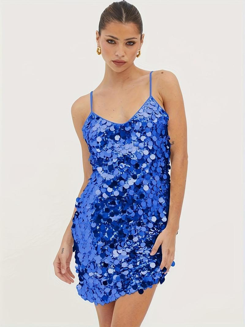 Product Introduction of Women's Glitter Sequins V Neck Cami Dress, Fashionable Sparkly Short Dress for Party Club Dating Wear, Ladies Summer Clothes 5