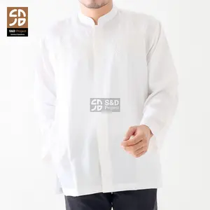 S&D PROJECT Baju Koko Muslim Seri 02 Bahan Polikatun Warna Putih Tulang Jumbo M-4XL Untuk Pria Dewasa Lengan Panjang Motif Bordir