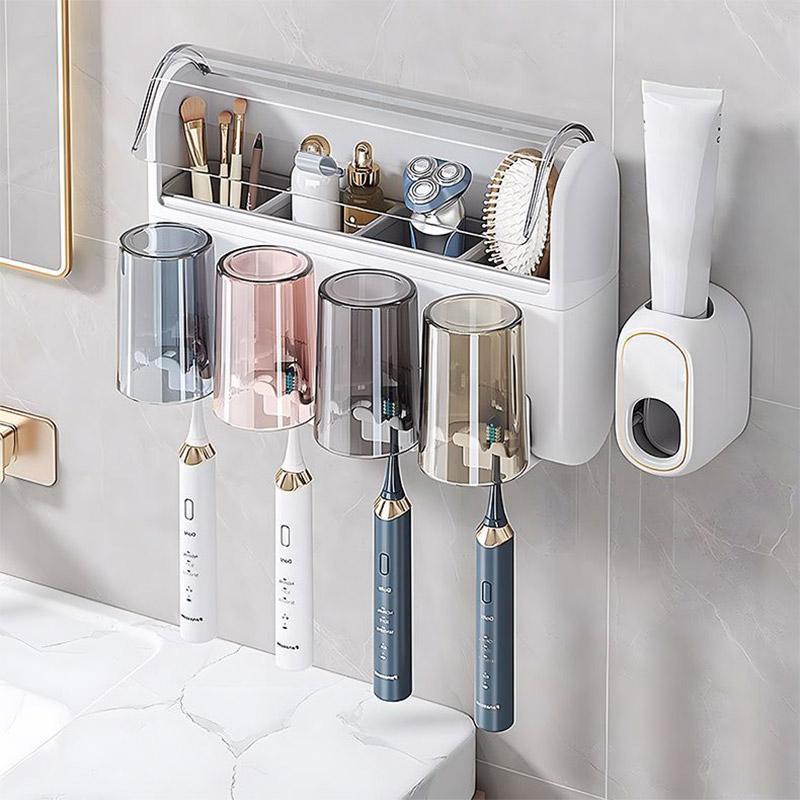 Product Introduction of Wall-mounted Toothbrush Holder, 1 Set Punch-free Toothbrush Holder with Toothpaste Squeezer, Bathroom Supplies for Home Use 0