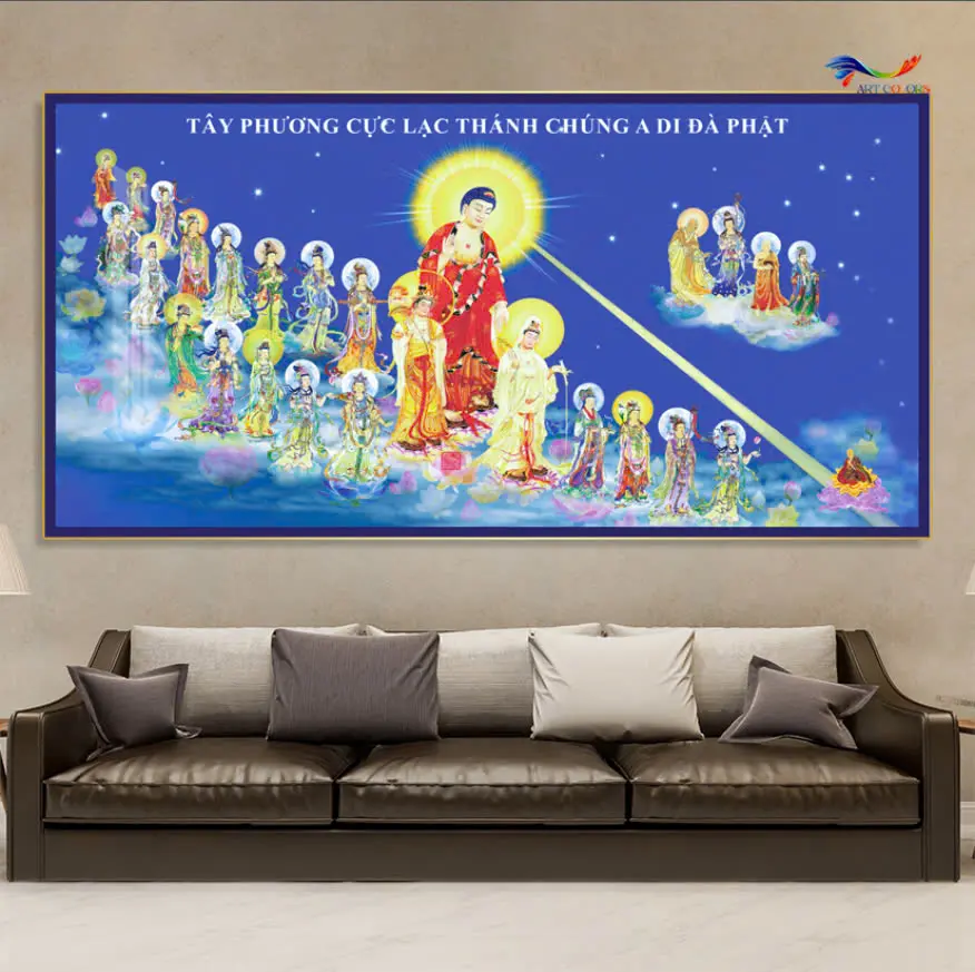 Tranh tráng gương Tây Phương Tiếp Dẫn, Thế giới Tây Phương Cực Lạc- Tranh Phật giáo treo tường bo viền cao cấp