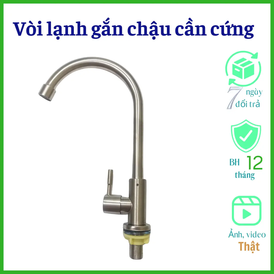 Vòi bếp gắn chậu 1 đường lạnh, vòi rửa chén bát inox 304, vòi rửa chén 1 đường lạnh sus 304