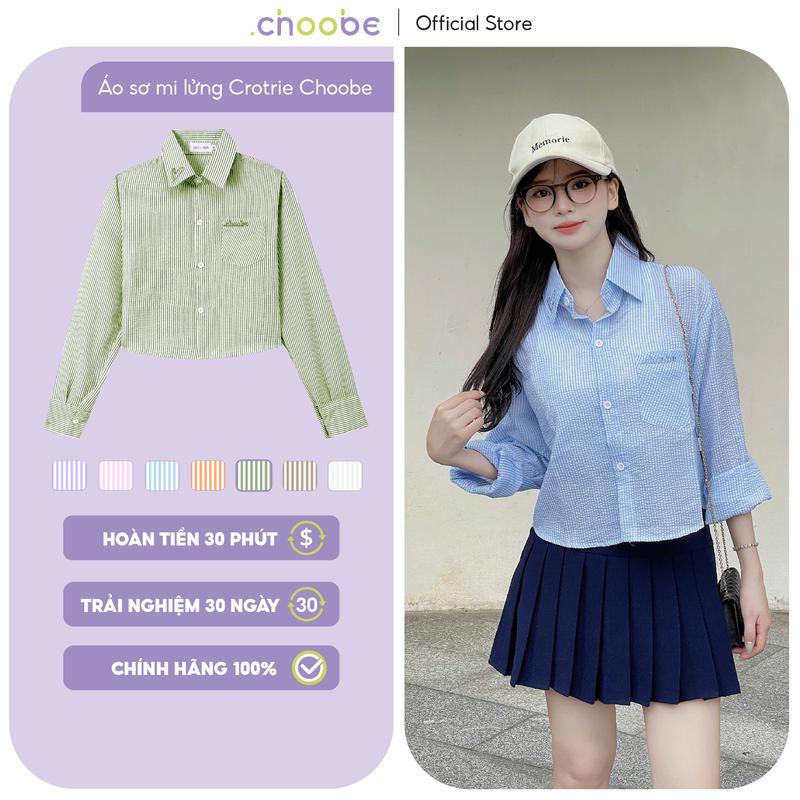 Áo sơ mi nữ Crotrie Choobe croptop kẻ sọc dài tay dáng lửng ASM02