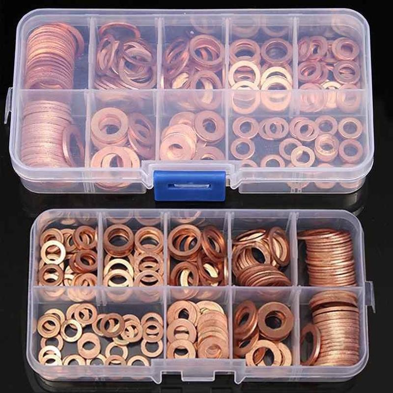 200pcs Copper Washer Gasket Nut and Bolt Set Flat Ring Seal Assortment Kit with box M5-M14 Electrical Woodworking Washers Sets 3