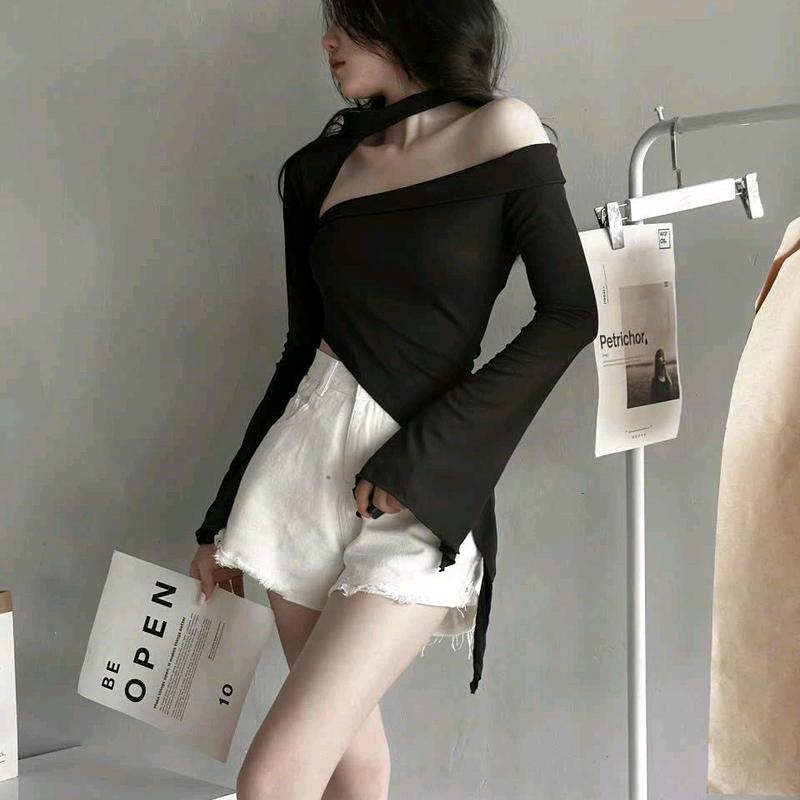 Áo thun nữ kiểu vạt xéo ống bát tay dài xinh xắn Top Cổ Tròn Women Voan Sơ Mi Shirt Voi Voi