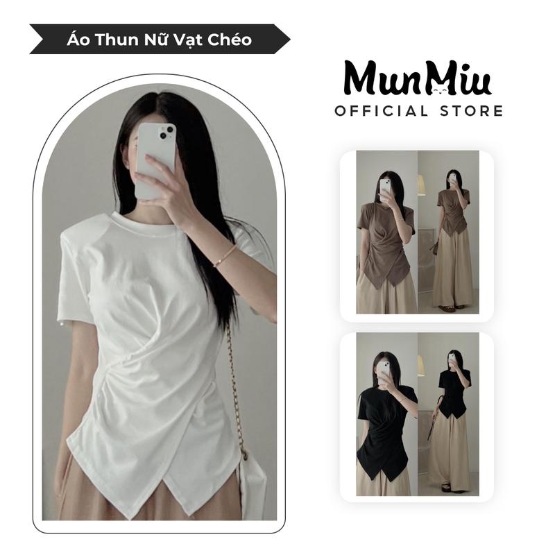 Áo thun nữ MunMiu áo thun trơn cổ tròn nhúm eo vạt chéo có bigsize 3112 Top Women
