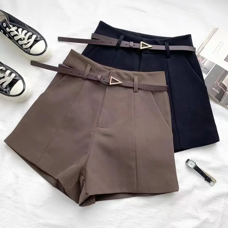 Casual Women's Shorts A-line High Waist Short Chic Office Lady Shorts With Belted Vintage Female Trousers Spring Summer Fabric Fit Womenswear Pants 2