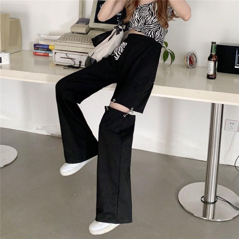 Product Introduction of Quần Ống Rộng Thiết Kế Dây Xích Khoét Lỗ Mùa Xuân Và Mùa Thu, Quần Thường Ngày Dành Cho Nữ, Quần Mới, Dáng Rộng Vừa Vặn, Cạp Cao, Quần Ống Đứng, Thời Trang, 2023 6
