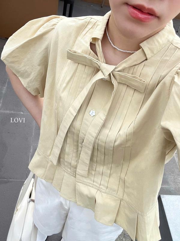 Áo kiểu sơmi babydoll tay phồng thắt nơ xinh xắn cho nữ OLI TOP- LOVI