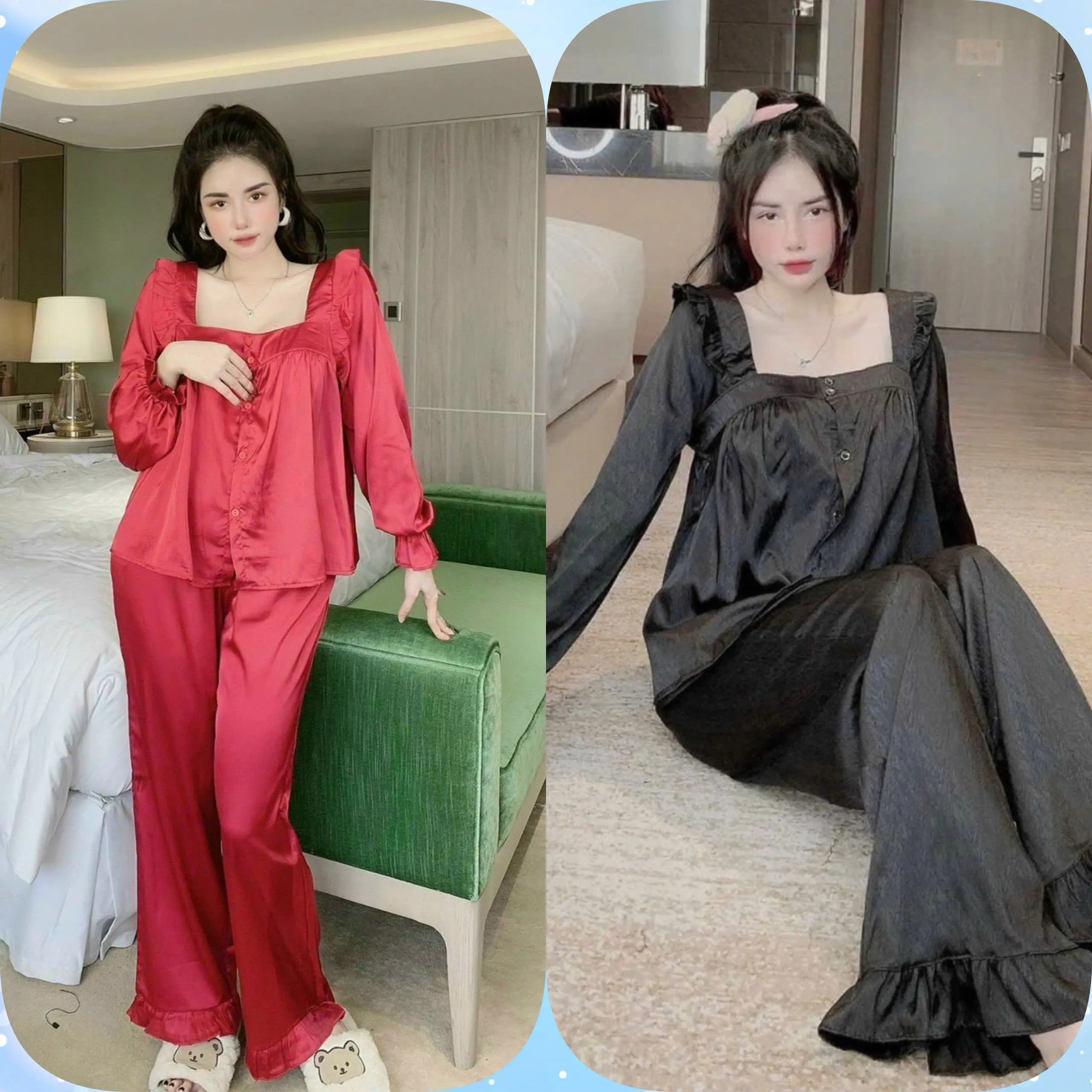 (COMBO TIẾT KIỆM)  2 Bộ Đồ Ngủ Pyjama Nữ Quần Dài Áo Dài – Thiết Kế Tiểu Thư Bánh Bèo, Cổ Sen Phối Viền, Form Rộng, Mặc Nhẹ Mát (Size M, L 35-57kg)