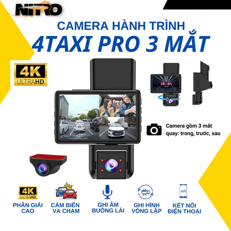  Camera hành trình ô tô 4Taxi Pro 3 mắt cam ghi hình 4K kết nối WIFI xem trên điện thoại bảo hành 12 tháng. Màn Hình 