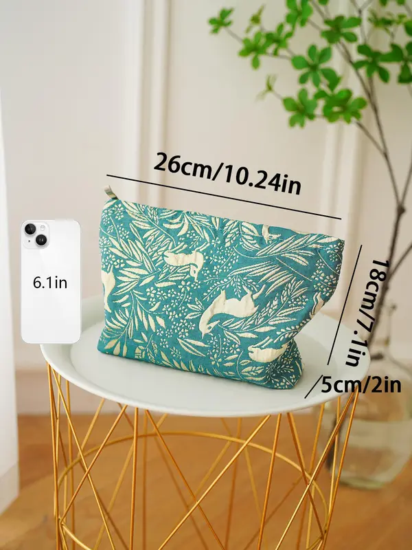 Deer & Leaf Print Makeup Bag, Large Capacity Cosmetic Storage Bag, Portable Travel Toiletry Bag, Zipper Makeup Organizer Pouch 1