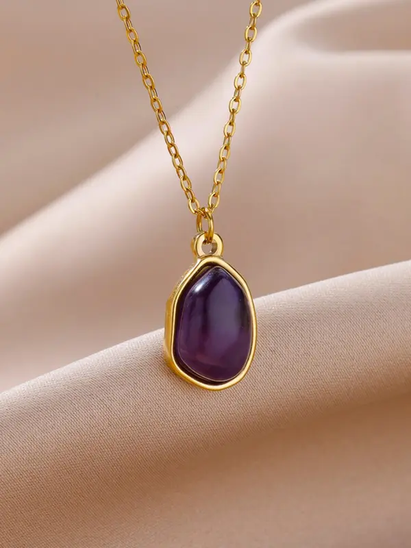Women's Simple Style Artificial Gemstone Decorated Necklace with Geometric Pendant Design, Elegant Trendy Pendant Necklace For Daily & Party As Gift Without Box 6