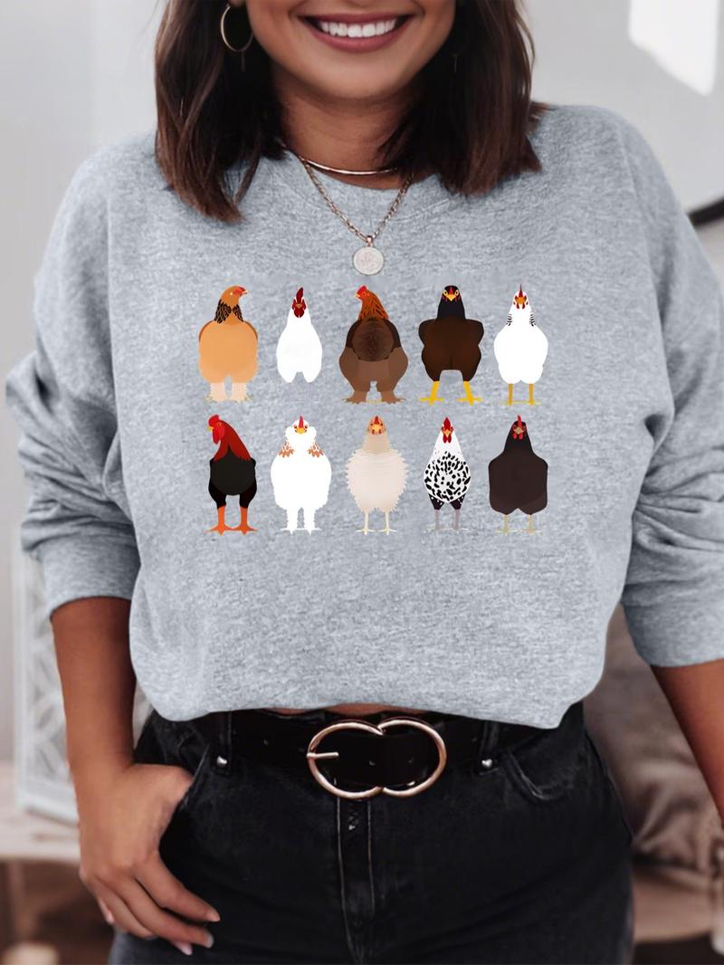 Product Introduction of Women's Chicken Print Crew Neck Sweatshirt, Casual Long Sleeve Pullover for Fall & Winter, Women's Clothes for Daily Wear 1