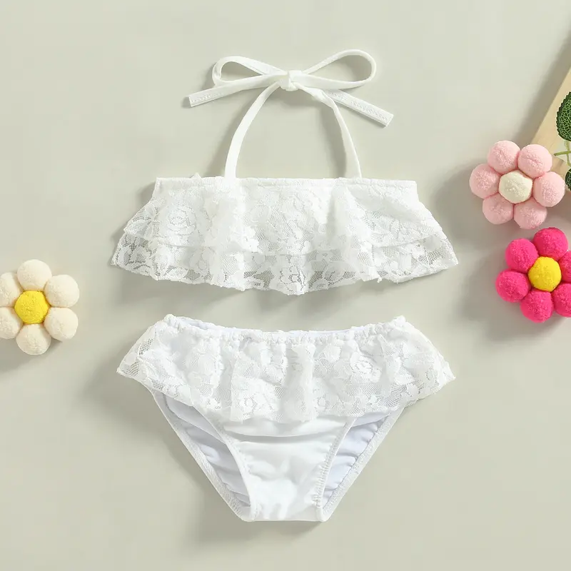 Áo Tắm Hai Mảnh Cho Bé Gái Mới Biết Đi, Không Tay, Áo Ren Cổ Yếm, Bộ Đồ Bơi Và Đáy Bikini, Mùa Hè Đệm 0