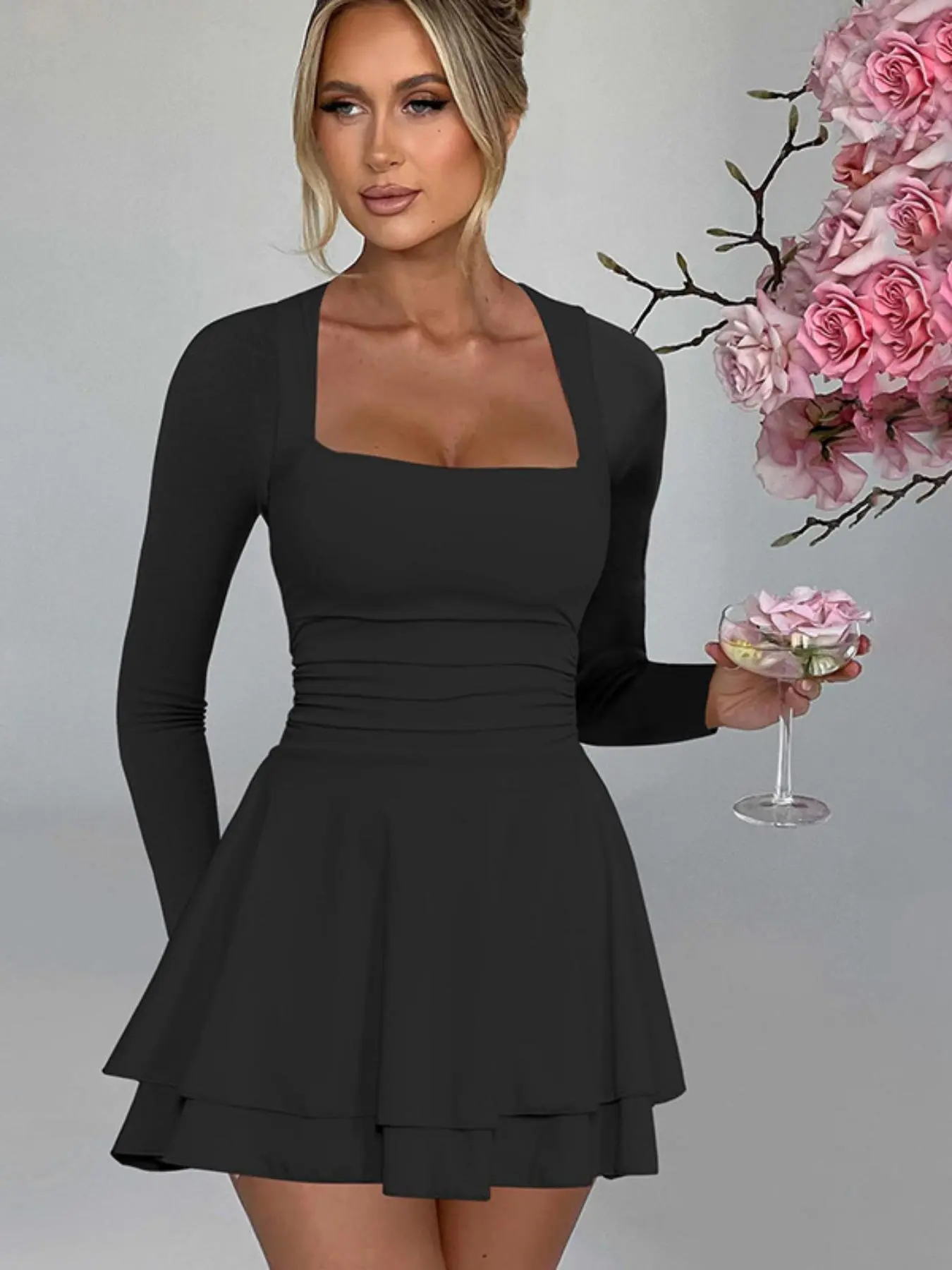Women's Plain Square Neck Layered Hem Dress, Fashion Elegant Casual Long Sleeve Dress for Daily Outdoor Wear, Ladies Clothes for Spring Fall