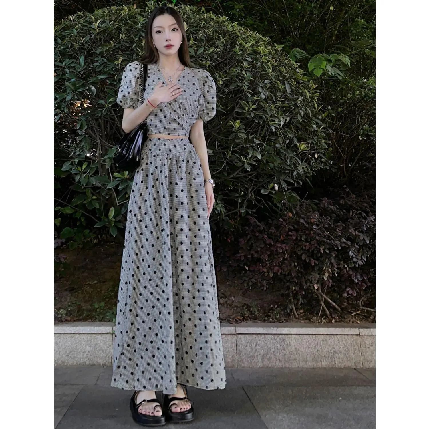 Bộ Đồ Hai Mảnh, Váy Phù Hợp Với Phụ Nữ, Phong Cách Pháp, Họa Tiết Chấm Bi, Có Khóa, Cô Gái Nóng Bỏng, Áo Tay Phồng Ngắn, Váy Dài Cạp Cao