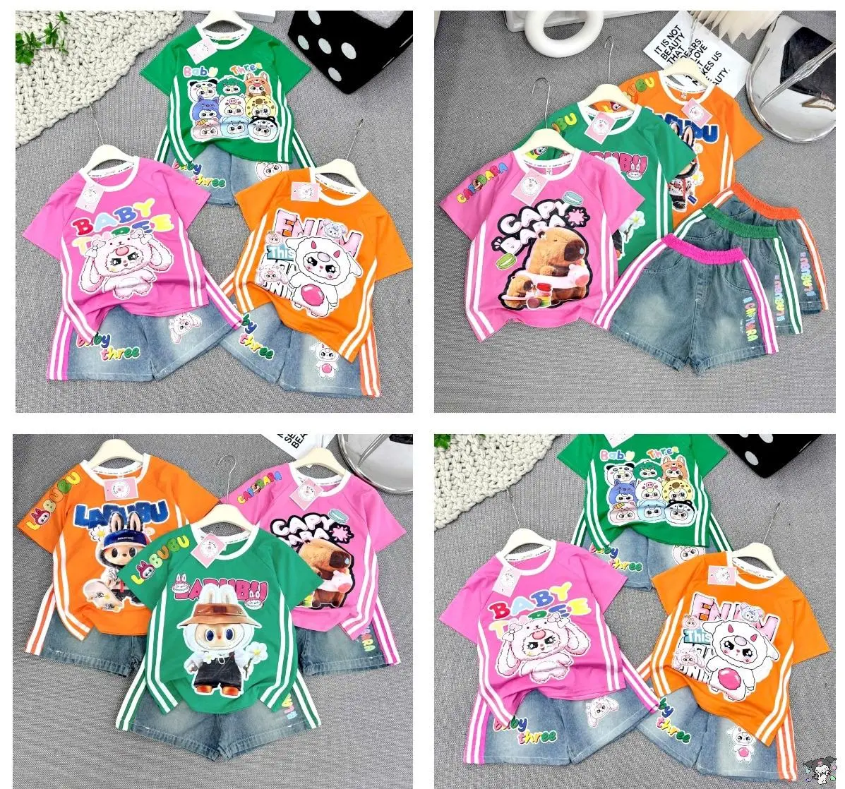 [MinMinKid3] (18-45kg) Set áo thun cotton in hình Labubu , Capy, Baby Three phối quần so.oc JEAN KẺ SỌC cho bé gái