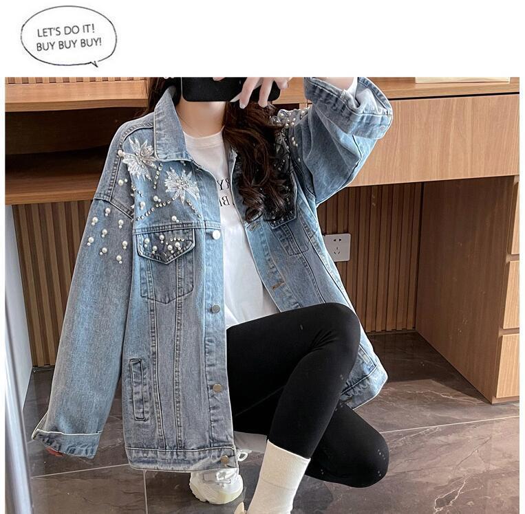 Product Introduction of 2024 Spring and Autumn New Design Heavy Rhinestone Denim Jacket for Women with Turn-down Collar Loose Korean Style Versatile Jacket Top 12
