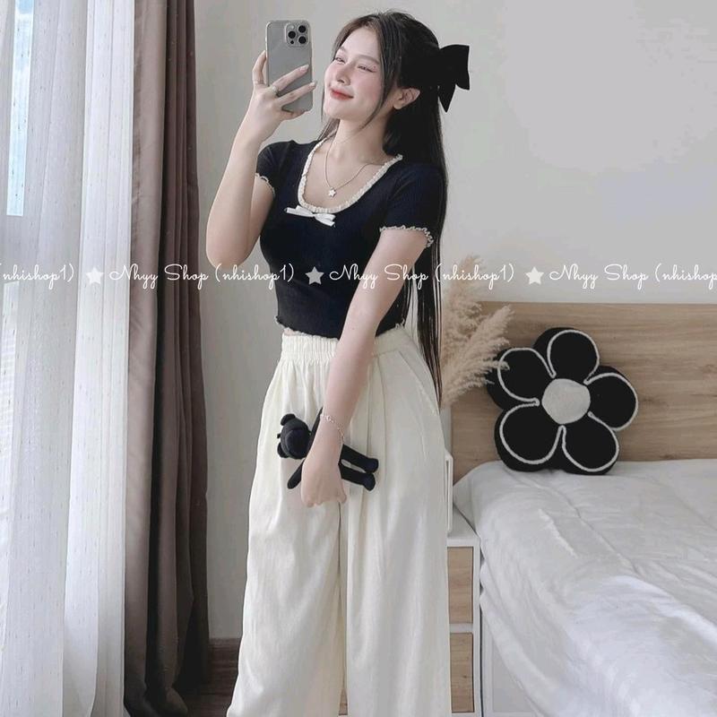 Bigsize 60-90kg Set bộ áo thun gân tăm form ngắn đính nơ phối ren+ quần đũi suông ống rộng phối ren cho nữ, Bộ đồ áo ôm thun tăm gân cổ tròn + quần dài ống rộng phối ren lưng thun- Nhyy Shop 5