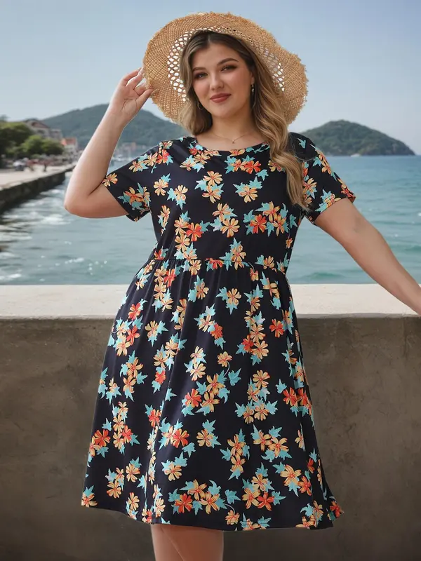 【Plus Size】Floral Print Pocket Round Neck A Line Dress, Casual Summer Clothes Women, Women's Short Sleeve Dress for Summer, Women's Clothes for Daily Wear, Womenswear, Plus Size Tummy Flattering Dresses 5