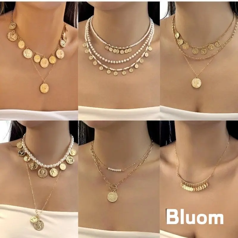 [Bluom] Kalung Set Emas Pilihan 6 Desain Tumpuk dengan Liontin Medali dan Mutiara Imitasi Desain Mewah yang Unik untuk Tampilan yang Mencolok Z328