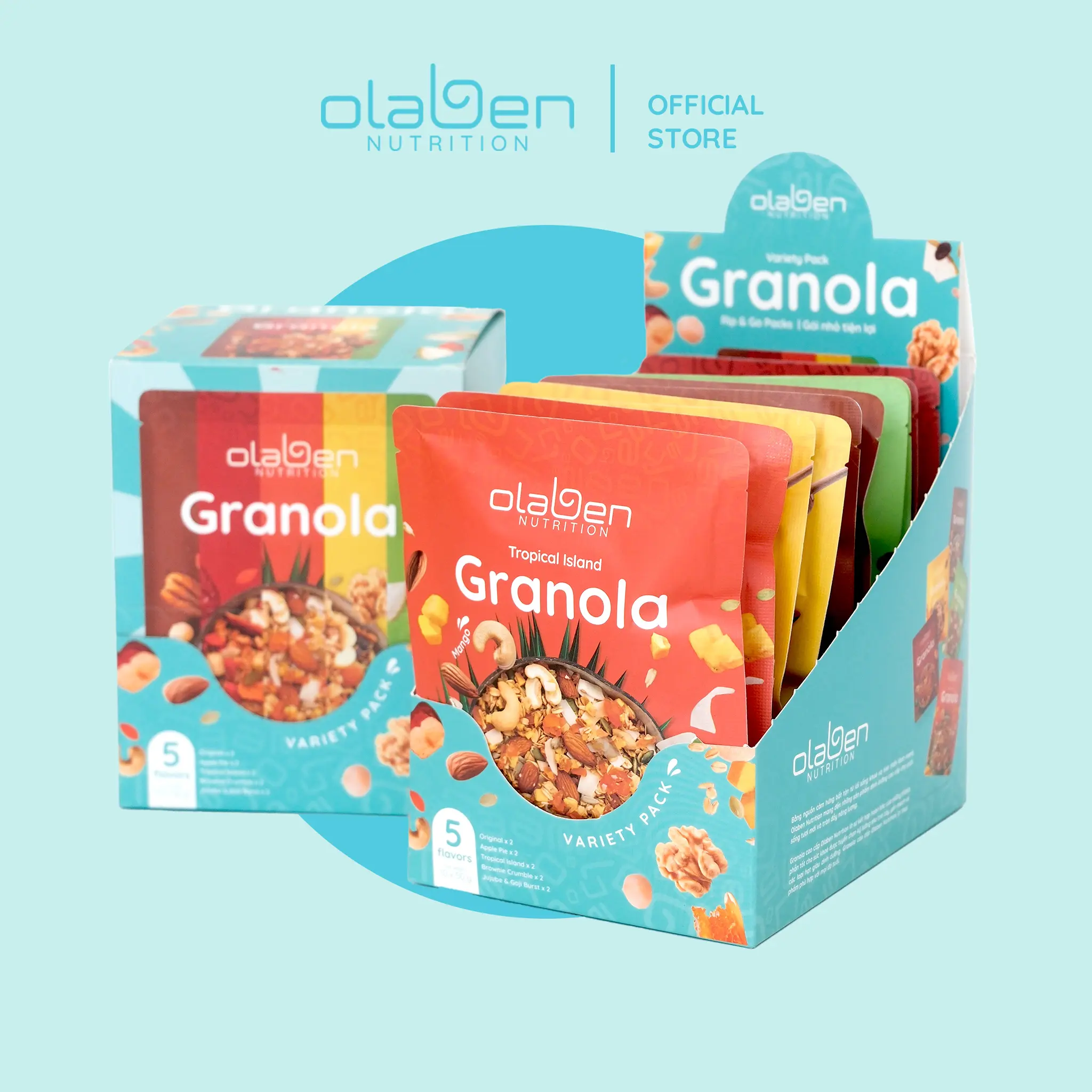 Hộp Granola Gồm Các Túi Nhỏ 50g (Hộp 10 Gói) - Mix 5 Vị - Truyền Thống, Vị Xoài Chanh Dây, Vị Táo Đỏ, Vị Bánh Táo - Hạt Ngũ Cốc Premium By OLABEN NUTRITION