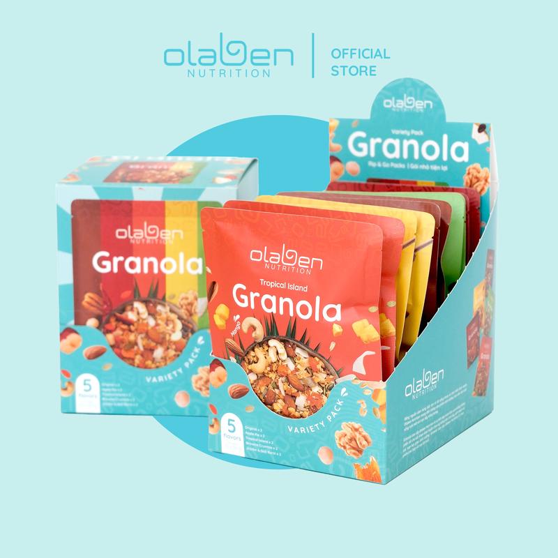 Hộp 500gr Granola Siêu Hạt Dinh Dưỡng Mix 5 Vị Truyền Thống,Xoài Chanh Dây,Táo Đỏ,Bánh Táo,Chocolate - Gồm 10 Gói Nhỏ 50gr bên trong - Hạt Ngũ Cốc Dinh Dưỡng Premium By OLABEN NUTRITION