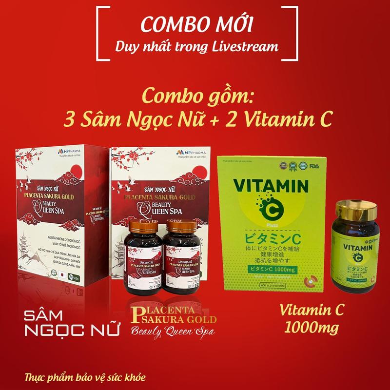 A02e  Combo 3 hộp-TPBVSK Sâm Ngọc Nữ BEAUTY QUEEN SPA và 2 hộp TPBVSK Vitamin C -Hỗ trợ chăm sóc da -Hộp 60 viên