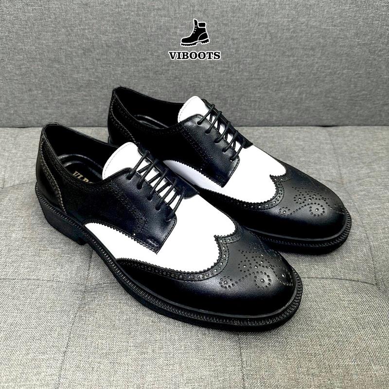 Giày Da Nam Derby Wingtips Brogue Thương Hiệu VIBOTS Cao Cấp Bền Bỉ Sang Trọng Giày Derby Hoạ Tiết Đục Lỗ Phối Màu Đen Trắng