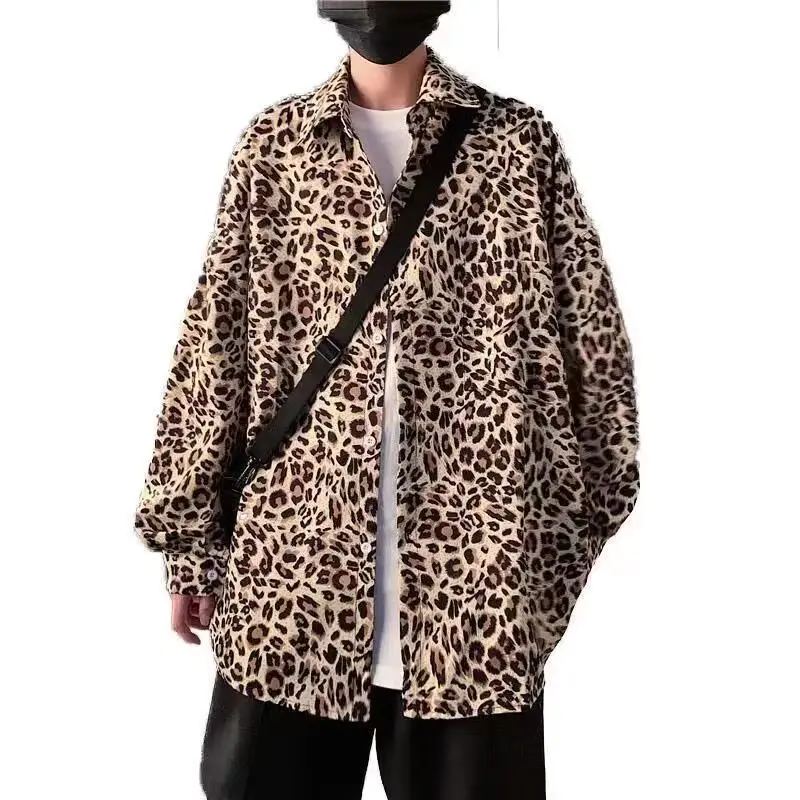 Leopard-print long-sleeved shirt men's Korean-style fashion design sense niche Hong Kong style Ruan Shuai Japanese style shirt coat handsome internet celebrity