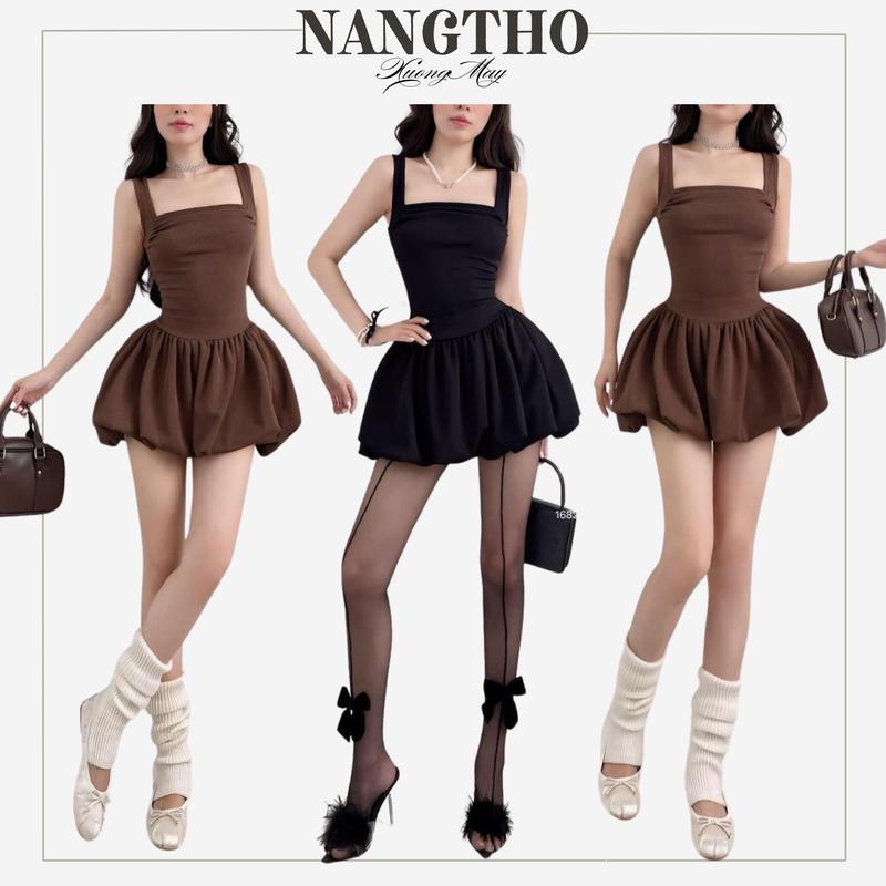 D177 [SALE]Đầm Dáng Bí Nhúng Ngực Kèm Quần Thun Gân Co Giãn Nữ Kem Women Voi Nhung