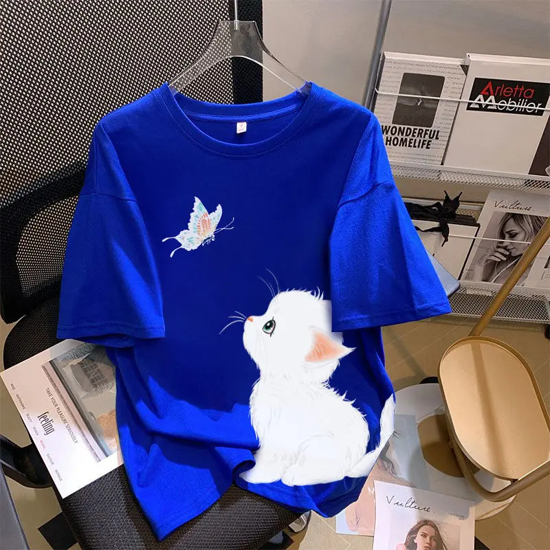 2025 [Store Hot Sale] Klein Blue Cotton Short-Sleeved T-shirt Women's Summer 2025 New Popular Half-Sleeved Loose Summer Petite Top