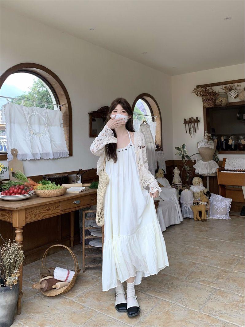 Product Introduction of Simia Hollow Suspender Dress Tassel Long Dress Two-piece Set Sunscreen Cardigan Mori 5