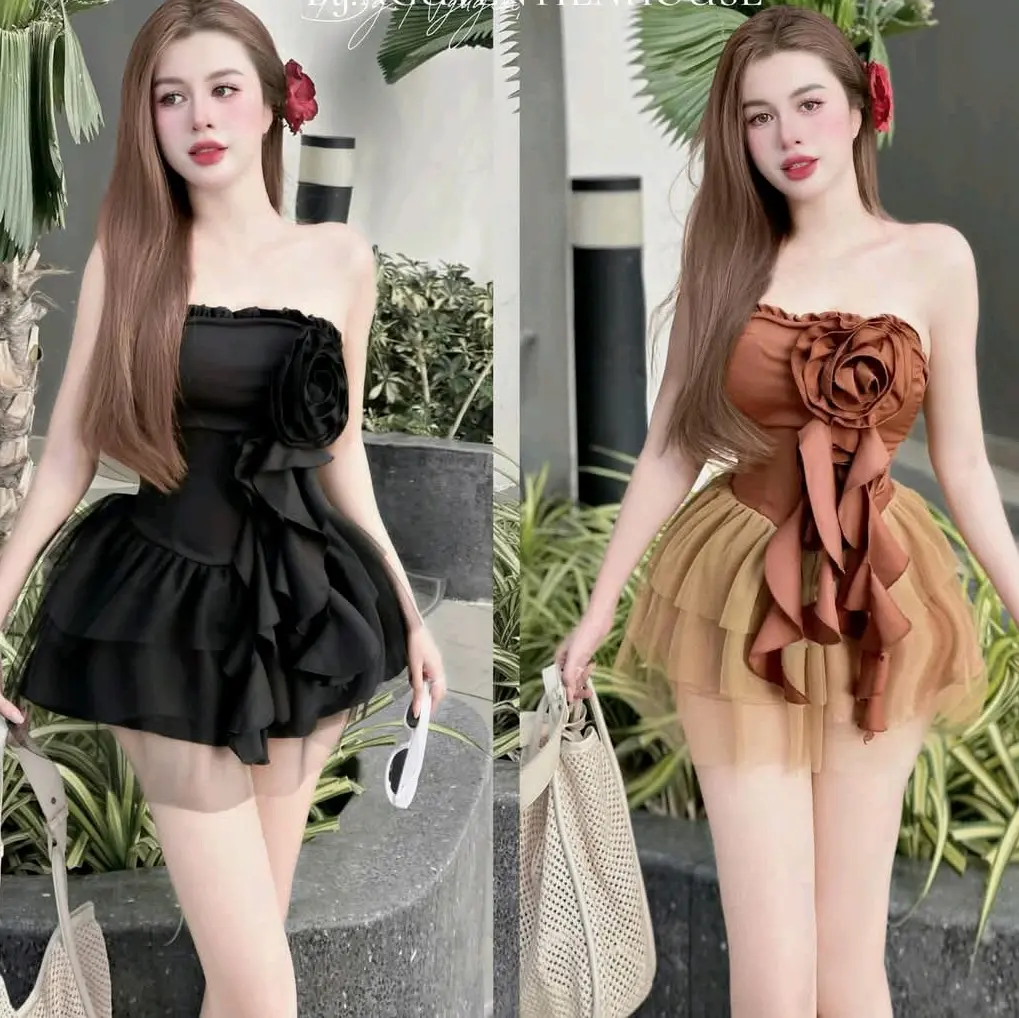 Đầm hoa ngực tầng lưới kèm quần - Màu Đen, Nâu Nữ Cup Women Dress Voan Kem váy nâu tây sang chảnh váy xinh đi chơi, đi tiệc Voi Top váy dự tiệc