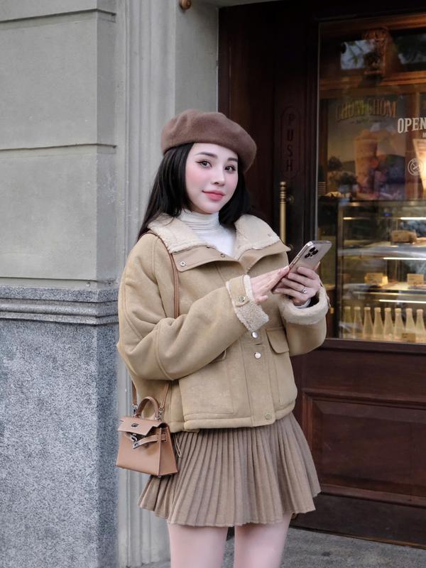 LINHHOANG Áo khoác da lộn lót lông cừu, DBD668, Freesize, Top, nữ women, jacket màu Nâu