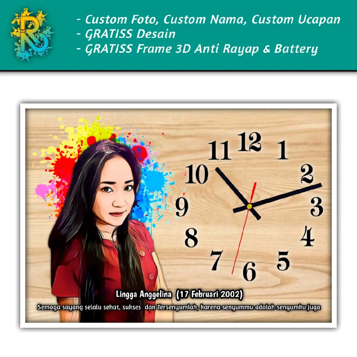 Jam Dinding Foto Custom + Frame ( Kado Hadiah Ulang Tahun, Pernikahan, Anniversary, Wisuda) Modern Kado