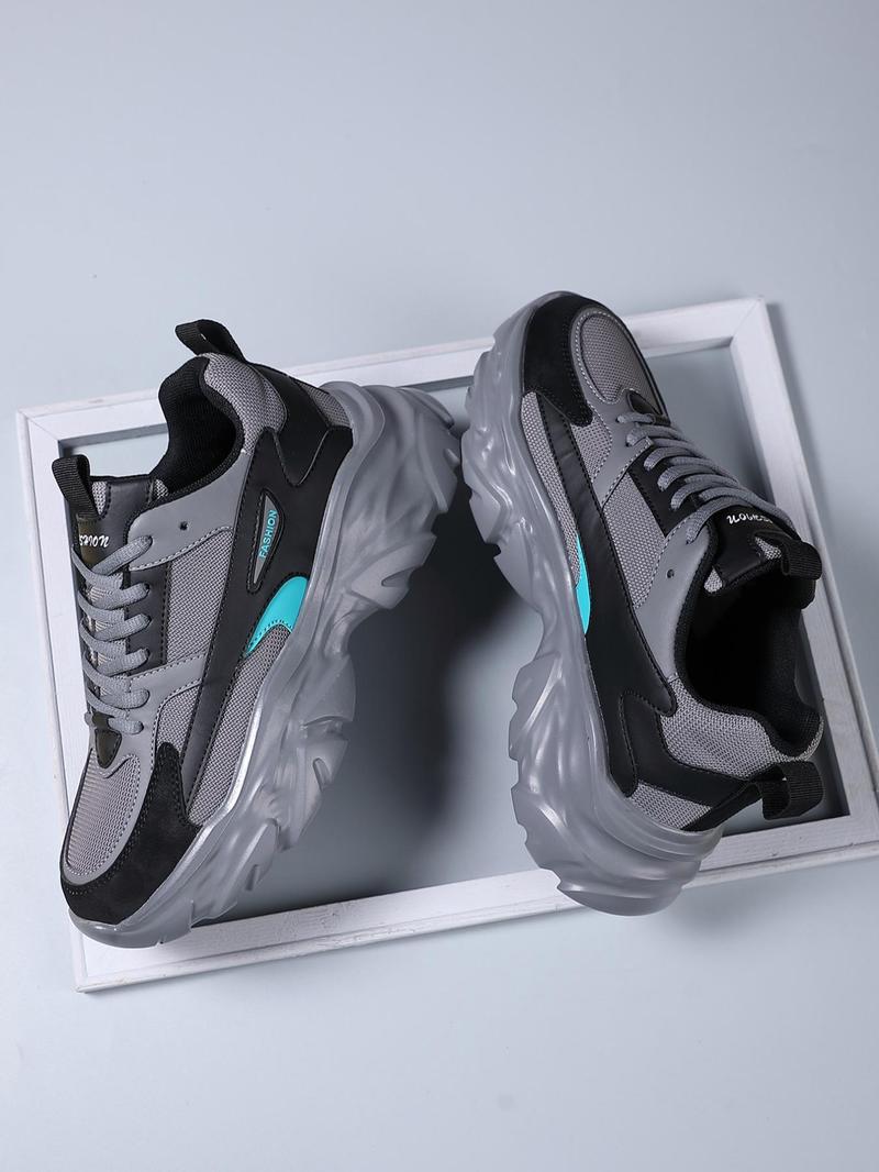 Product Introduction of Men's Fashionable Colorblock Letter Label Design Lace Up Sneakers, Casual Comfortable Breathable Sports Running Shoes, Male All-match Round Toe Chunky Sneakers for Daily Life, Trainer 9