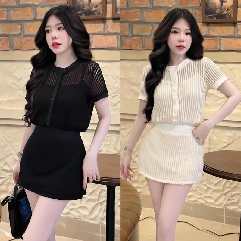 Set đồ nữ áo tay ngắn cổ tròn cài nút thật len ren 2 lớp phối chân váy có lót quần xinh xắn, dễ thương, dành cho các nàng đi tiệc, đi chơi Top Women