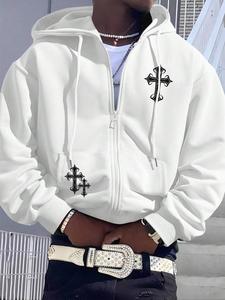Men's Cross Print Drop Shoulder Zip Up Hoodie, Fashion Casual Regular Fit Drawstring Pocket Hooded Sweatshirt for Daily Holiday Outdoor Wear, Men Clothes for Spring & Fall