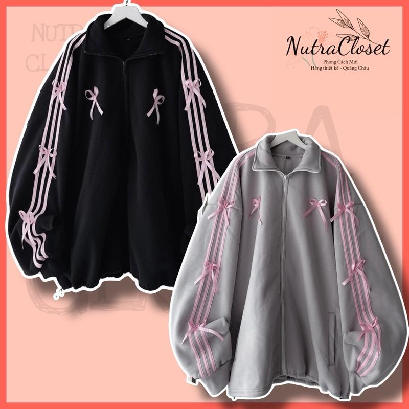 Áo khoác nỉ cổ bẻ thêu nơ sọc tay cute khoá kéo form rộng nam nữ Top Women