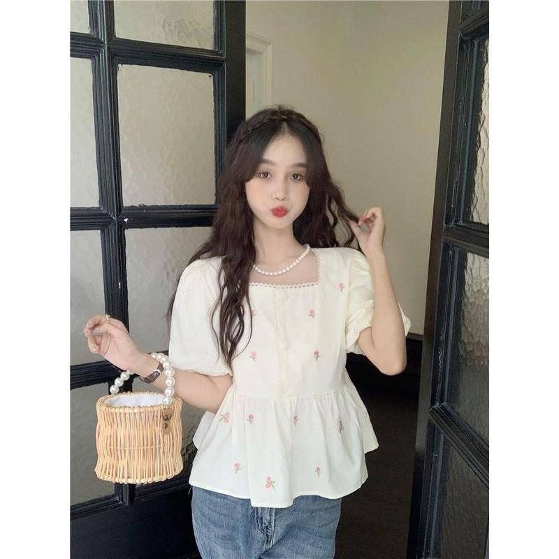 Áo Sơ Mi Hoa, Cổ Áo Vuông, Khâu Tay Phồng, Phong Cách Phương Tây Ngọt Ngào Dáng Rộng Vừa Vặn, ngắn Tay Áo, Áo Cánh Bé Gái, Thời Trang, Hàng Mới Về Mùa Hè 2022 2