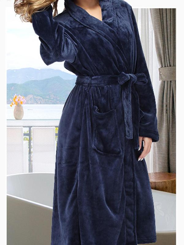 Women's Pocket Belted Shawl Collar Flannel Robe, Casual Long Sleeve Bathrobe Housecoat Dressing, Comfort PJ For Lady, Cold Weather Gear 8