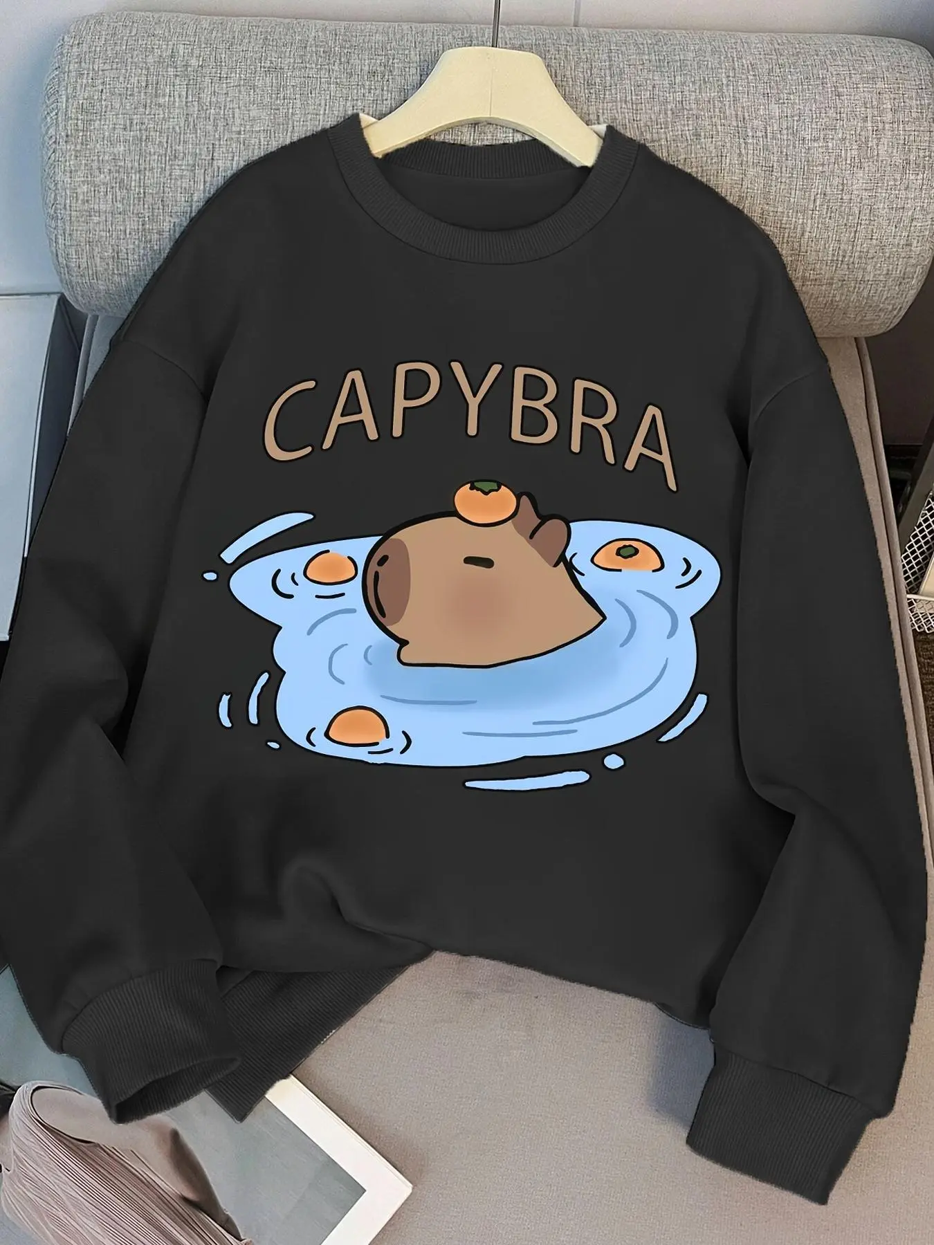 Girl's Cartoon Capybara Print Round Neck Sweatshirt, Cute Casual Long Sleeve Pullover for Fall & Winter, Kids Clothes for Daily Wear