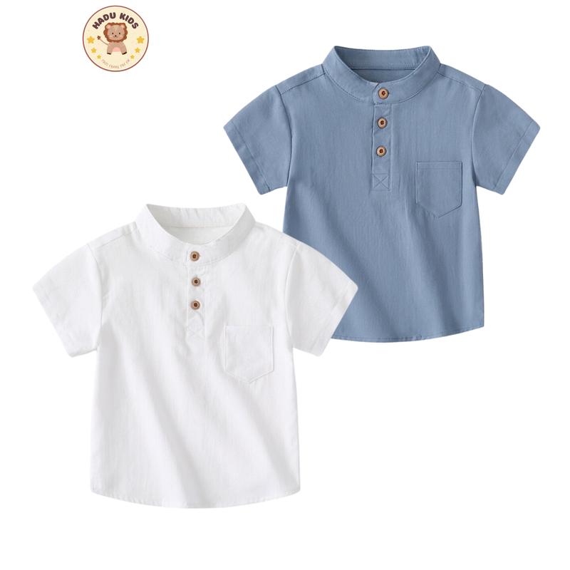  Áo SƠ MI bé trai sơ mi cộc tay cổ trụ cho bé chất đũi xước thấm mồ hôi không co giãn - HADU KIDS cho bé 10-26kg 