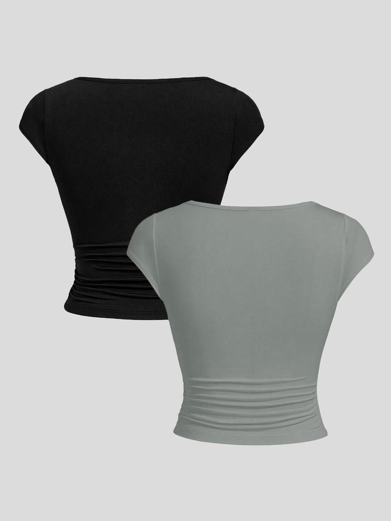 Product Introduction of Women's  Solid Ruched Scoop Neck Crop Tee, Casual Cap Sleeve T-shirt for Summer, Ladies Clothes for Daily Wear 2